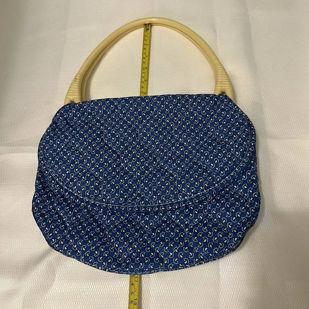 Vintage 60’s-70’s BOHO Blue Beige Quilted Handbag Purse Lucite Top Handles